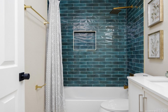 full bathroom featuring vanity, shower / bathtub combination with curtain, and toilet