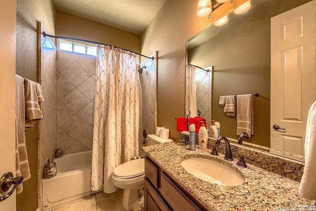 full bathroom with shower / bathtub combination with curtain, vanity, and toilet