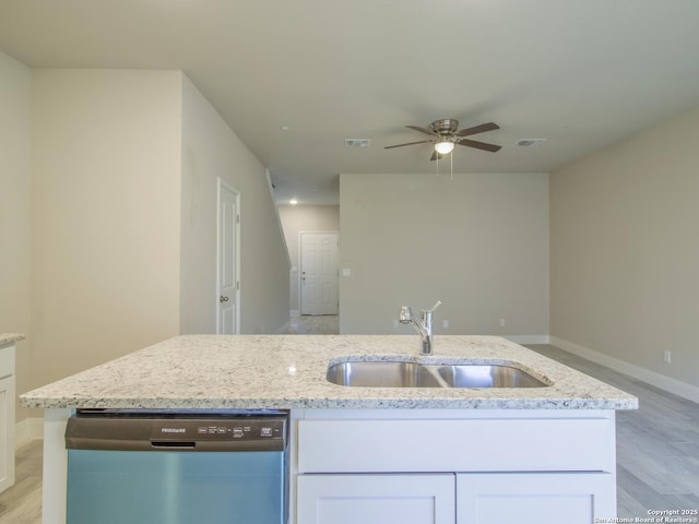 kitchen featuring sink, dishwasher, ceiling fan, light stone countertops, and white cabinets