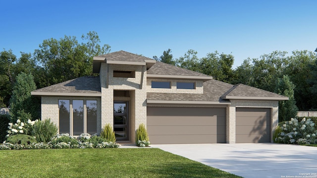 prairie-style home featuring brick siding, a garage, a front lawn, and driveway