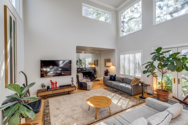 living room featuring a high ceiling, crown molding, hardwood / wood-style flooring, and french doors