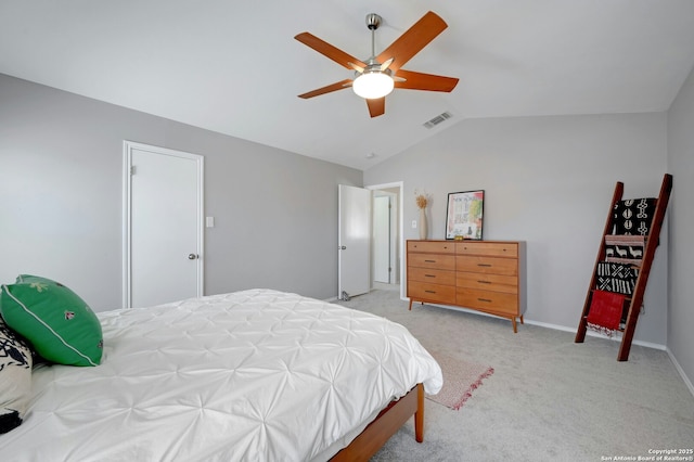 bedroom featuring light carpet, baseboards, visible vents, a ceiling fan, and lofted ceiling