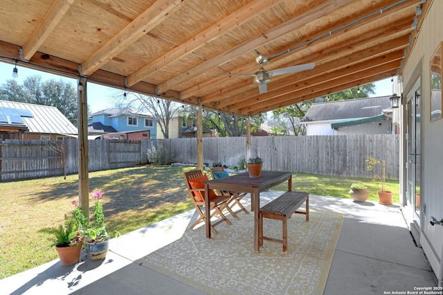 view of patio / terrace with ceiling fan, outdoor dining area, and a fenced backyard