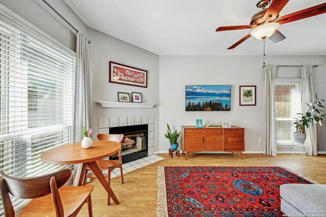 living room featuring light wood-style floors, plenty of natural light, and a fireplace