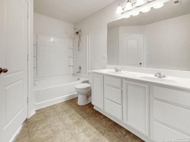 full bathroom with vanity, bathing tub / shower combination, and toilet