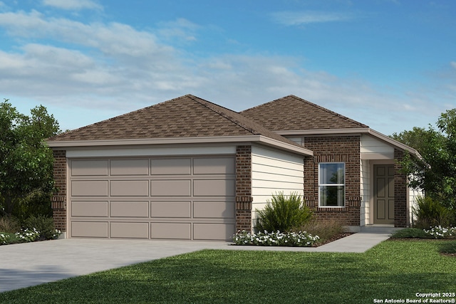 view of front of property featuring a garage and a front lawn