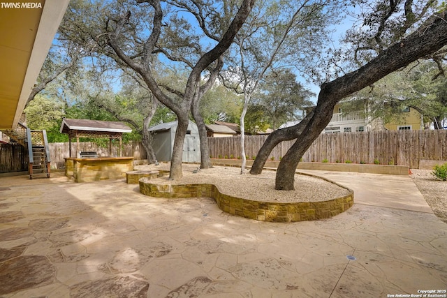 view of yard with a patio, exterior bar, and a storage shed