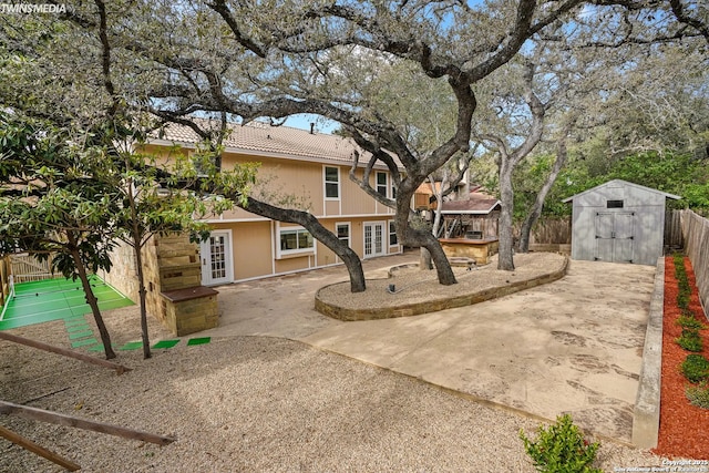 exterior space featuring a storage shed