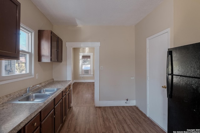 kitchen featuring black fridge, dark brown cabinetry, sink, and light hardwood / wood-style flooring