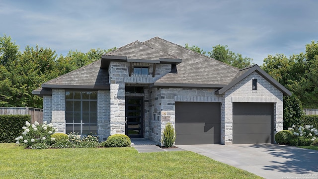 view of front of property featuring a garage and a front lawn