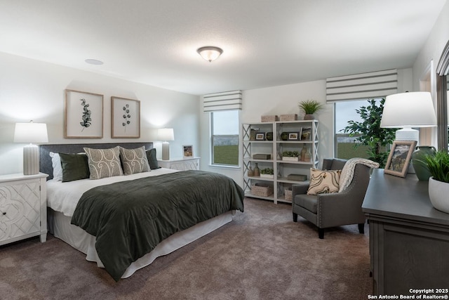 bedroom with dark colored carpet