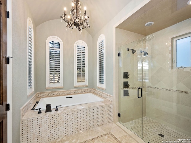 bathroom with vaulted ceiling and plus walk in shower