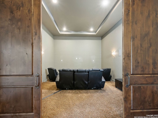 carpeted cinema featuring a raised ceiling