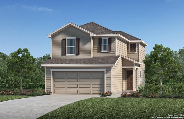 front facade with a garage and a front yard