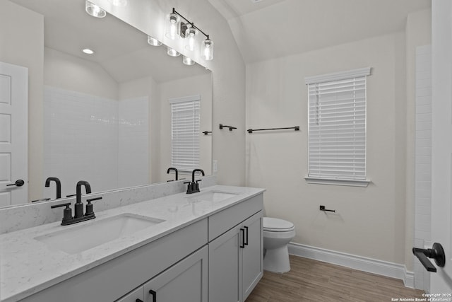 bathroom featuring lofted ceiling, vanity, hardwood / wood-style flooring, and toilet