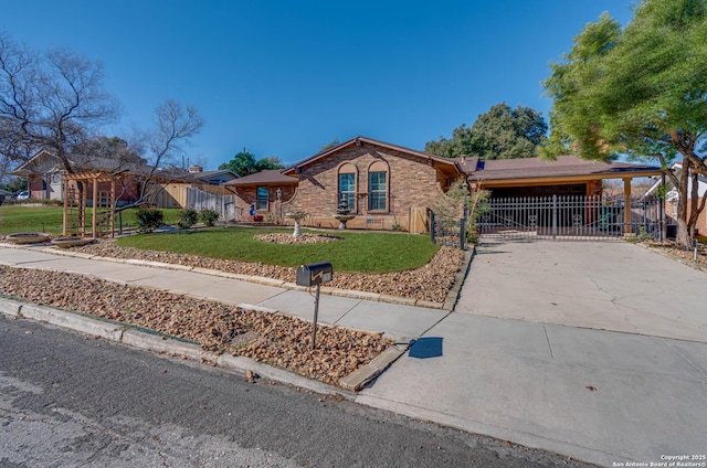 single story home featuring a carport and a front lawn