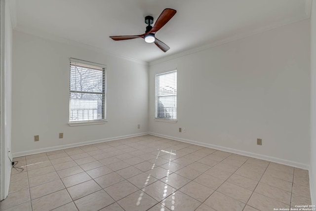 tiled empty room featuring ceiling fan, crown molding, and a healthy amount of sunlight