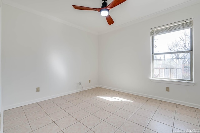 tiled empty room featuring ceiling fan, ornamental molding, and a wealth of natural light