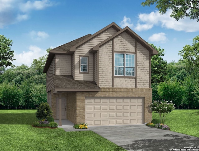 view of front of house with a garage and a front lawn