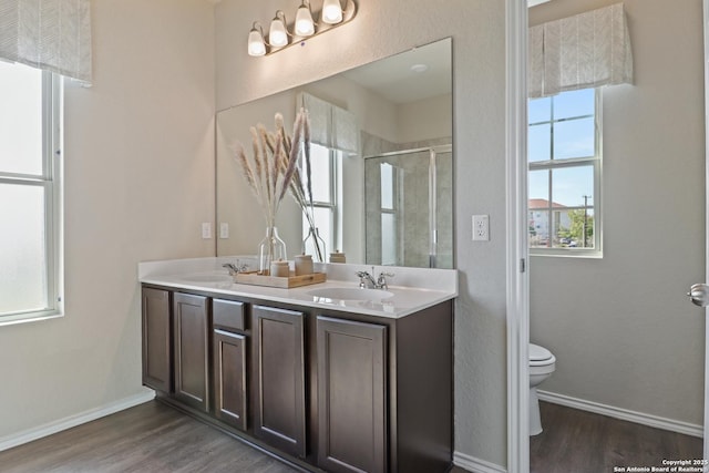 bathroom with vanity, wood-type flooring, toilet, and walk in shower