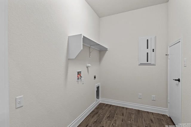 washroom with gas dryer hookup, hookup for an electric dryer, washer hookup, and electric panel