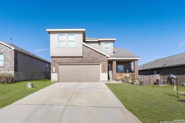 view of front of property with cooling unit, a garage, a front yard, and a porch