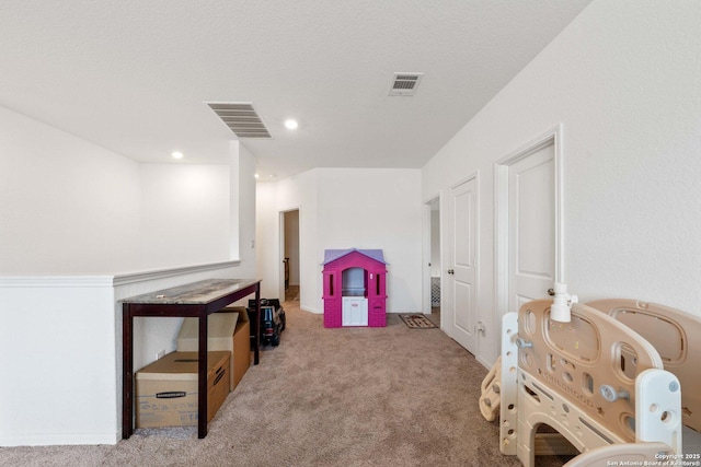 interior space with light carpet and a textured ceiling