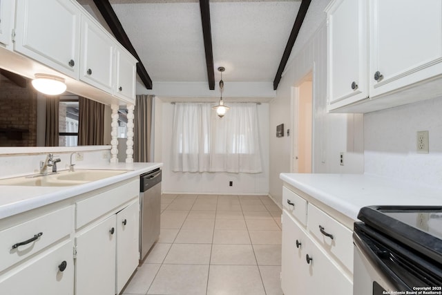 kitchen featuring dishwasher, white cabinets, light tile patterned flooring, decorative light fixtures, and beamed ceiling