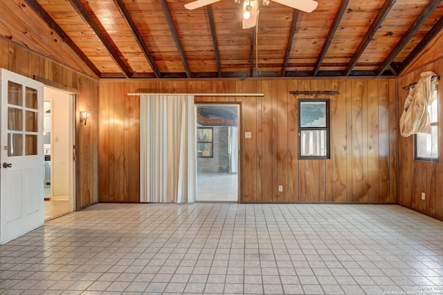 unfurnished room featuring wooden walls, lofted ceiling with beams, and wooden ceiling