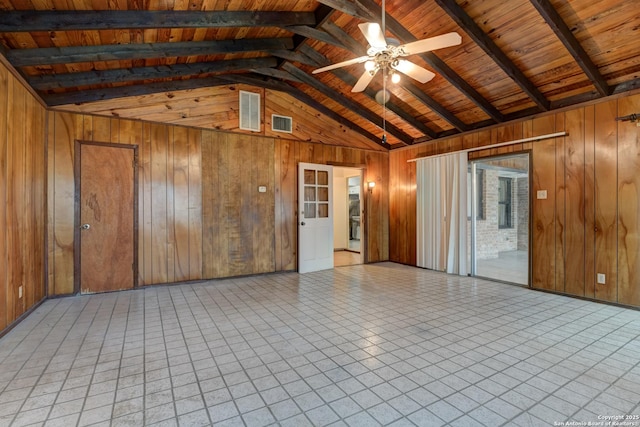 unfurnished living room featuring wood ceiling, wooden walls, and vaulted ceiling with beams