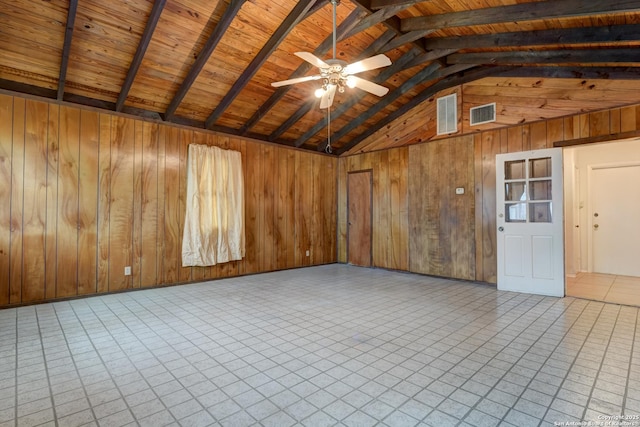 tiled empty room with ceiling fan, wood walls, lofted ceiling with beams, and wooden ceiling