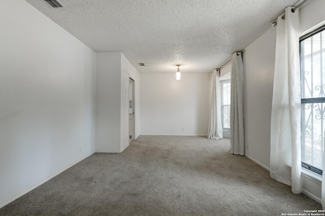 unfurnished room with light colored carpet and a textured ceiling