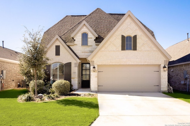 french country style house featuring a garage and a front lawn