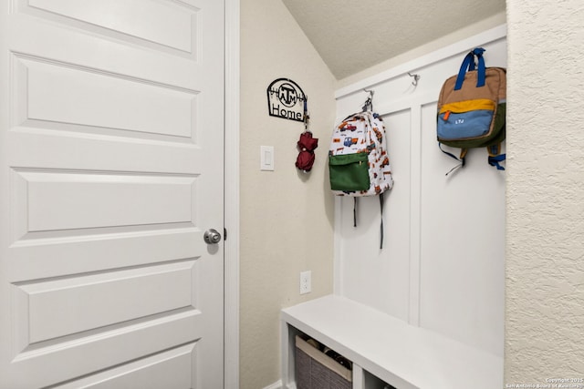 mudroom with lofted ceiling and a textured ceiling