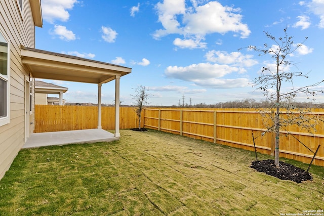 view of yard featuring a patio and a fenced backyard