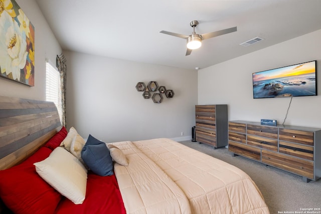 carpeted bedroom featuring ceiling fan