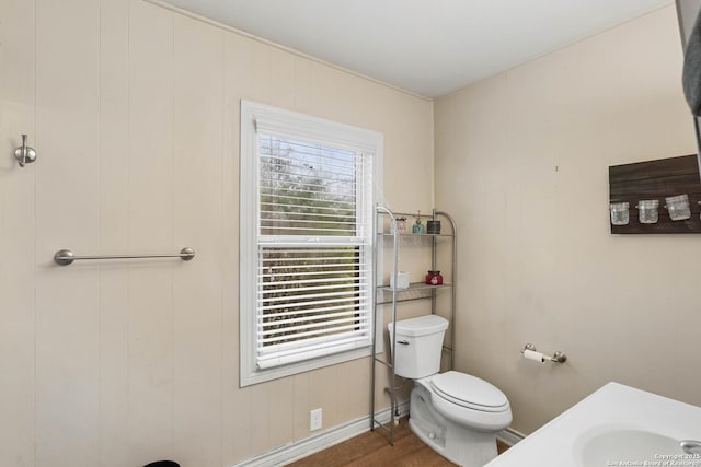 bathroom with vanity, toilet, and hardwood / wood-style floors