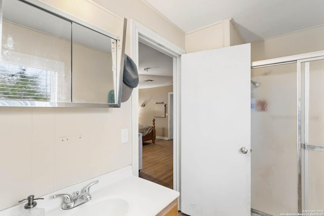 bathroom with vanity and a shower with shower door