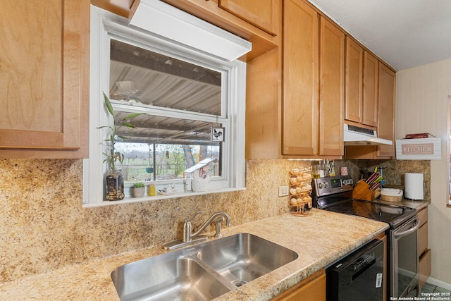 kitchen with stainless steel electric range oven, dishwasher, sink, and decorative backsplash