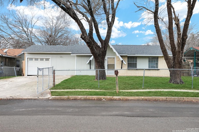 single story home with a garage and a front yard