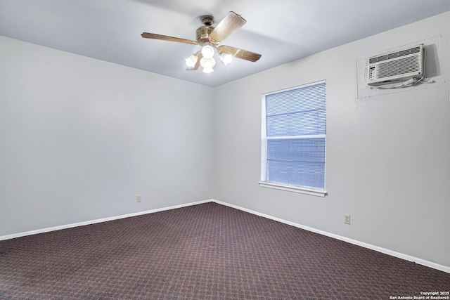 empty room with a wall unit AC, ceiling fan, and carpet