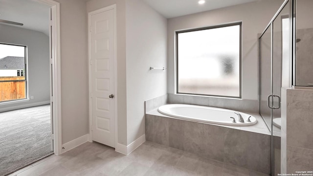 full bathroom with tile patterned flooring, a stall shower, recessed lighting, and a bath