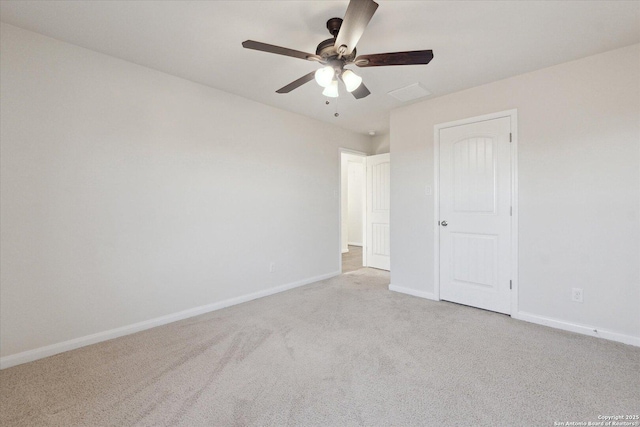 unfurnished bedroom with light carpet and ceiling fan