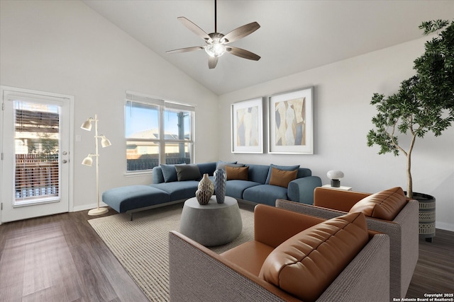 living room featuring high vaulted ceiling, dark wood-type flooring, and ceiling fan