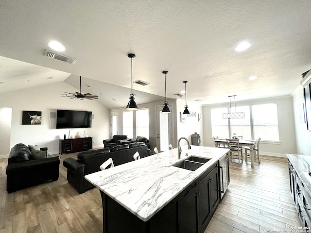 kitchen with pendant lighting, a kitchen island with sink, and sink