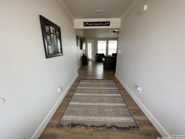 corridor with crown molding and dark hardwood / wood-style floors