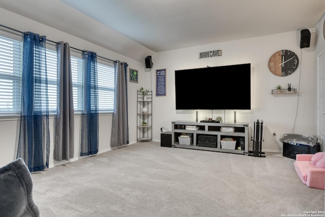 living room with vaulted ceiling and carpet flooring