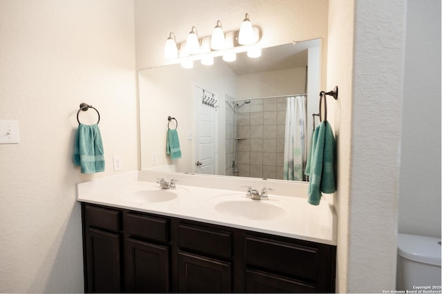 bathroom featuring vanity, toilet, and curtained shower