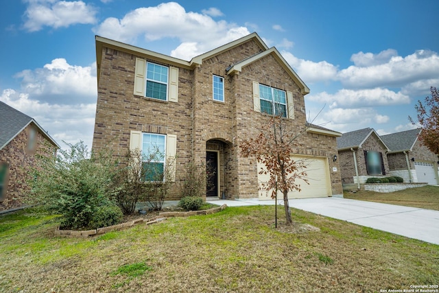 view of front of home with a garage and a front lawn