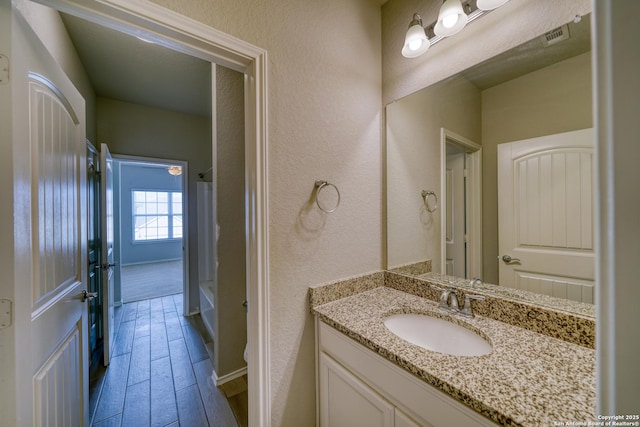 bathroom with hardwood / wood-style flooring and vanity